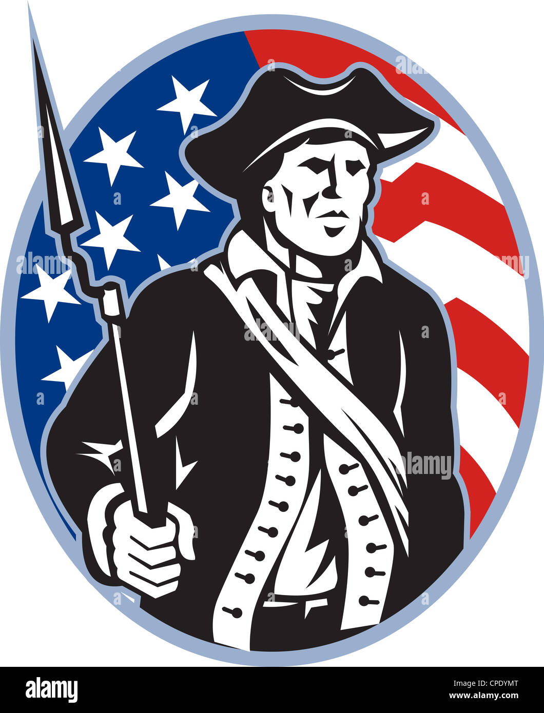 Illustration of an American patriot minuteman revolutionary soldier with musket bayonet rifle and stars and stripes flag Stock Photo