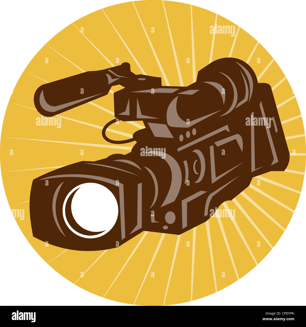 Illustration of a professional video camera camcorder recorder done in retro style set inside circle. Stock Photo