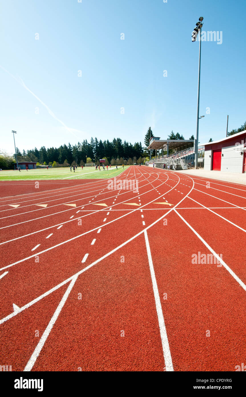 Track and field. Running track and soccer field. Football field Stock