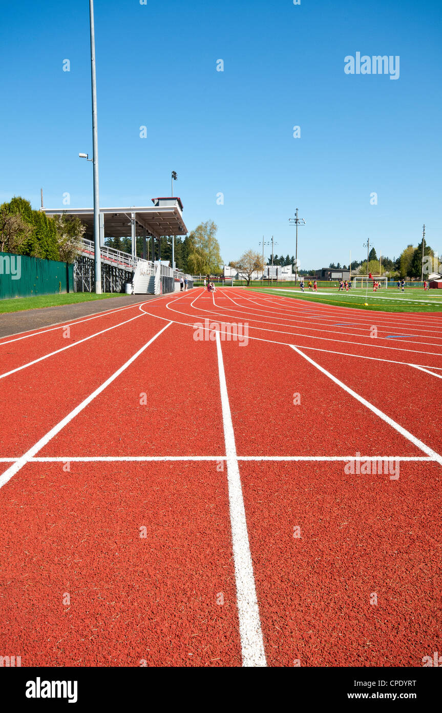 Track and field. Running track and soccer field. Football field Stock