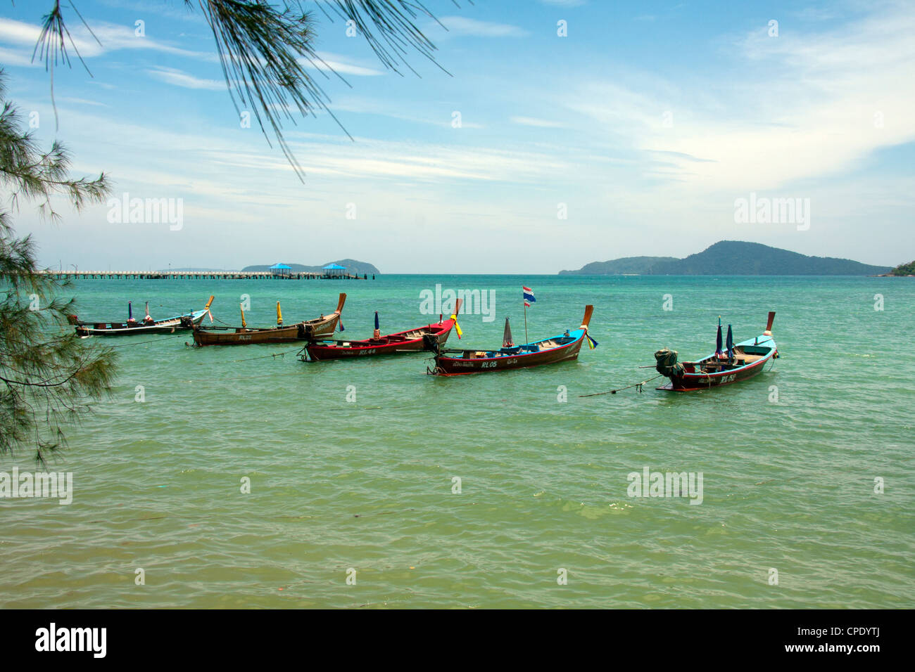 Long Tail boats moored in Rawai, Phuket, Thailand Stock Photo