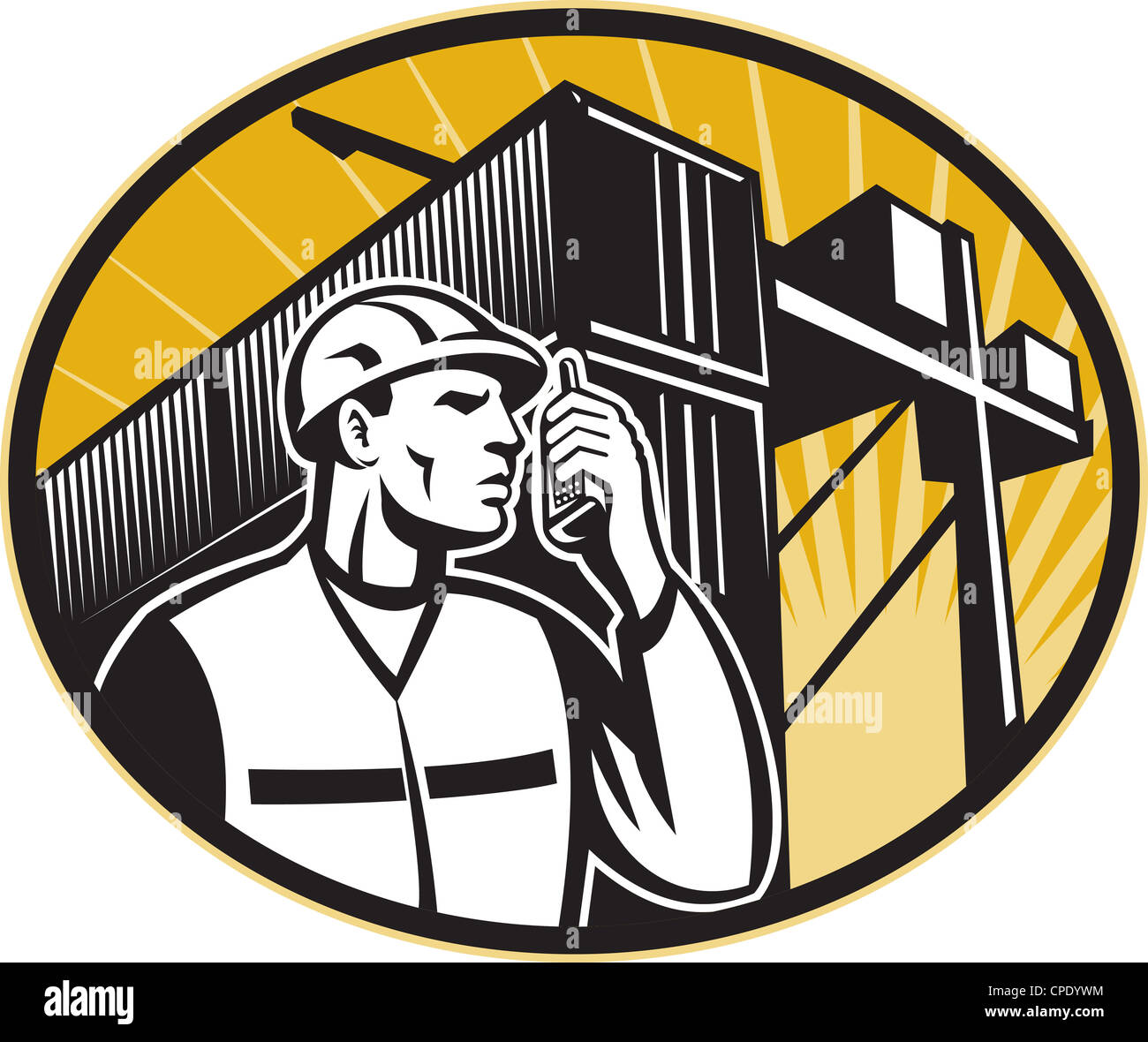 Illustration of a dock worker talking on the phone with container van