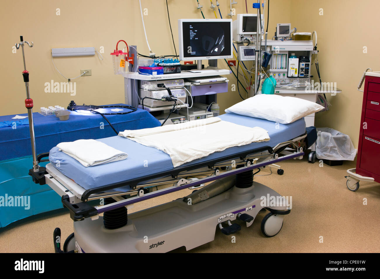 Surgical suite in hospital prepared for endoscopy and colonoscopy procedures. Stock Photo