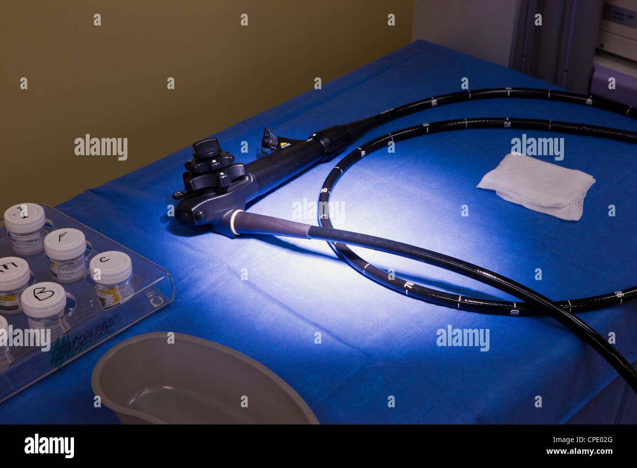 Surgical suite in hospital prepared for endoscopy and colonoscopy procedures. Stock Photo