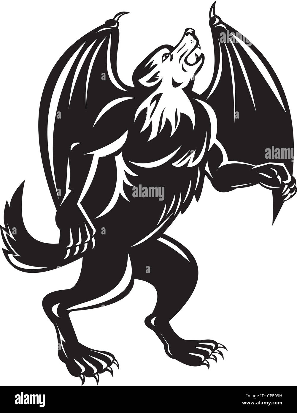 Illustration of a Kludde, a mythical Belgian beast that is a large black dog, with bat like wings and walks upright on it’s hind legs facing side done in black and white on isolated white background. Stock Photo