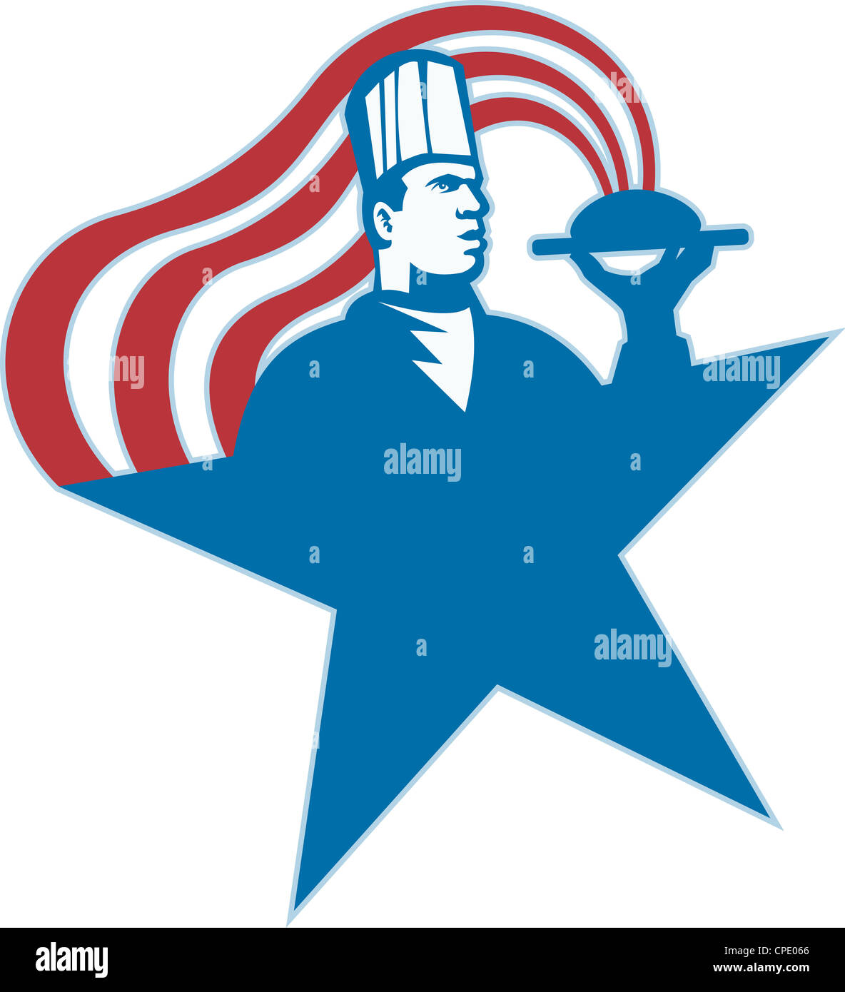 Illustration of a chef cook baker serving hot food with stars and