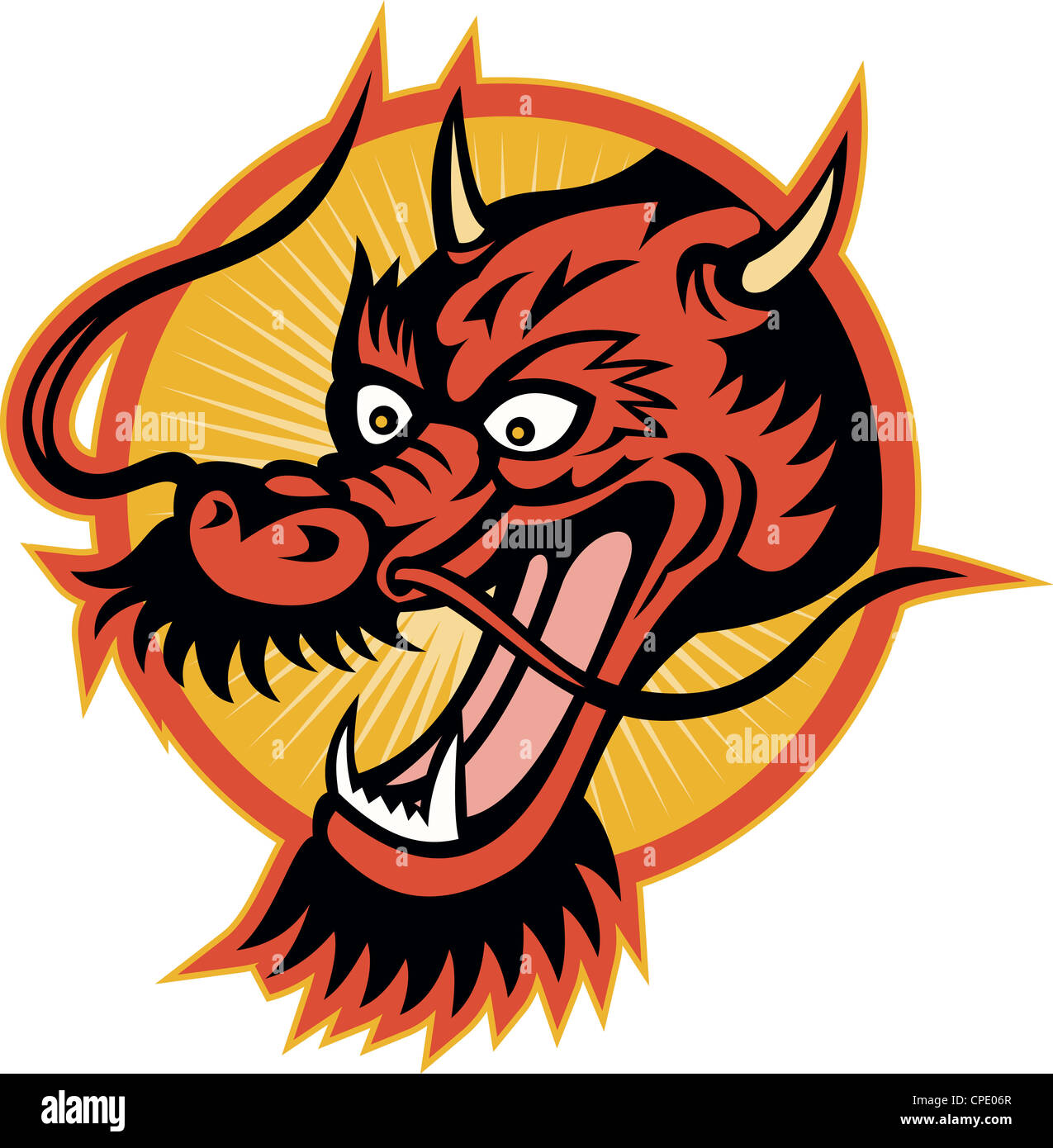 Illustration of a Chinese style red dragon head set inside circle done in retro style. Stock Photo