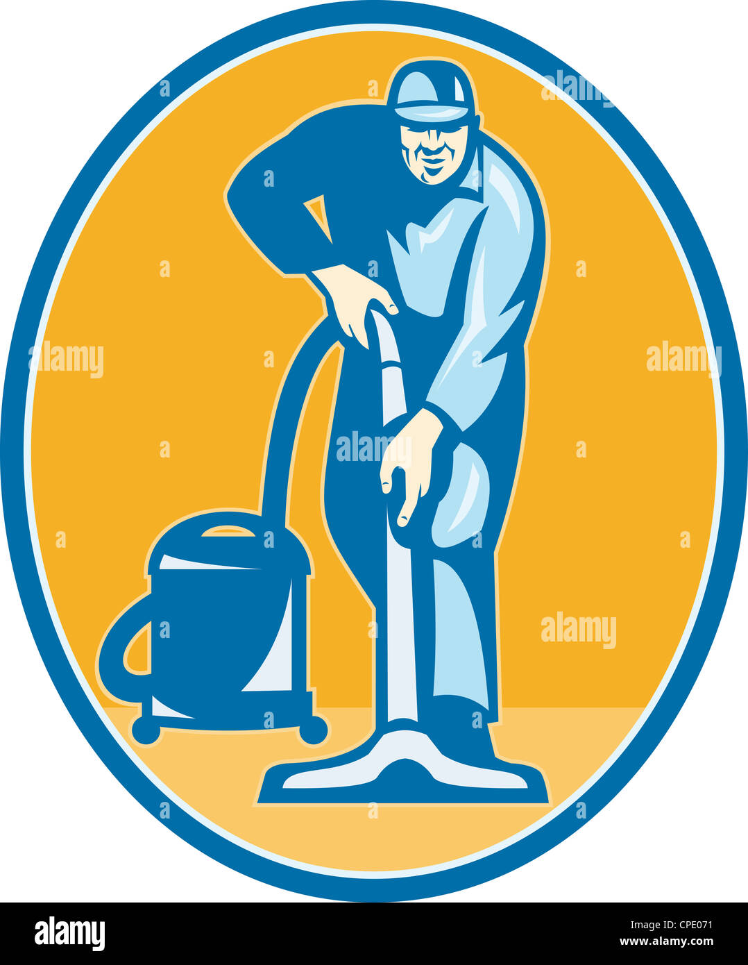 Illustration of a janitor cleaner worker vacuum cleaning facing front