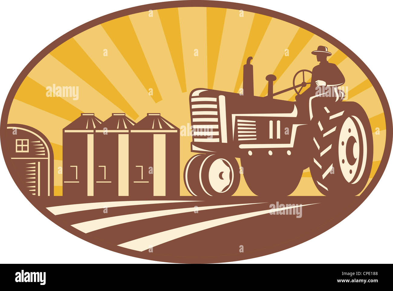 Illustration of a farmer driving a vintage farm tractor with barn and silos in background done in retro woodcut style. Stock Photo