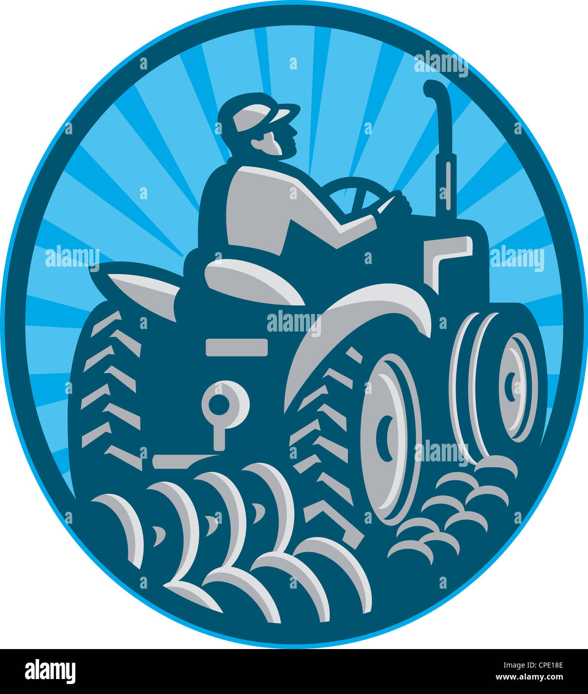 Illustration of a farmer plowing with vintage tractor viewed from the ...