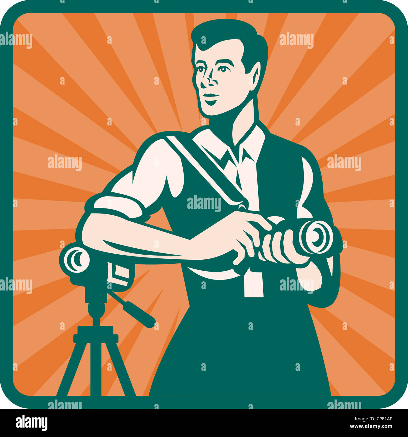 Illustration of a male photographer with DSLR camera and video cam done in retro style. Stock Photo