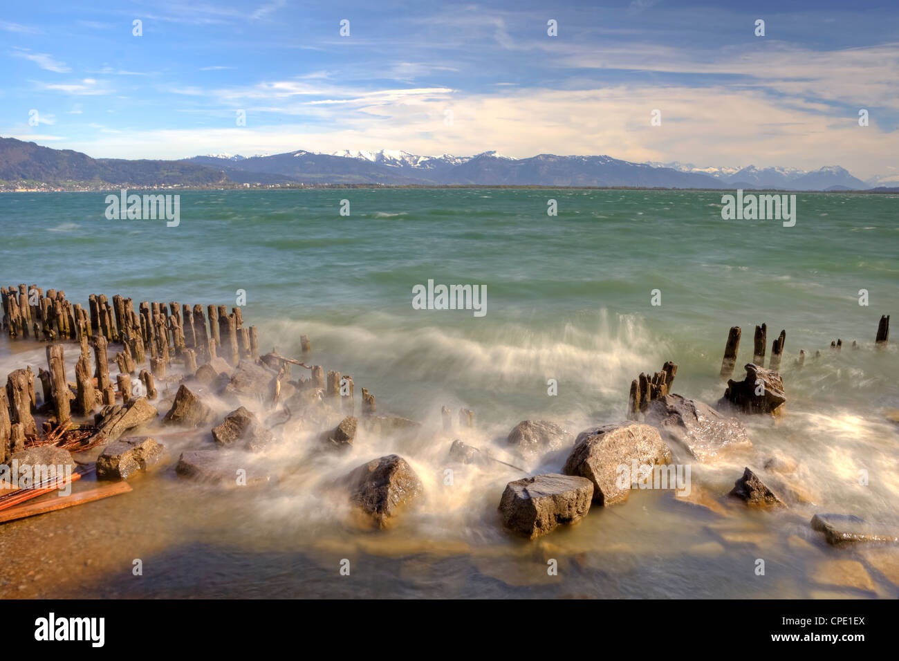 The Lake Constance in Lindau, Bavaria, wind and high waves. Stock Photo