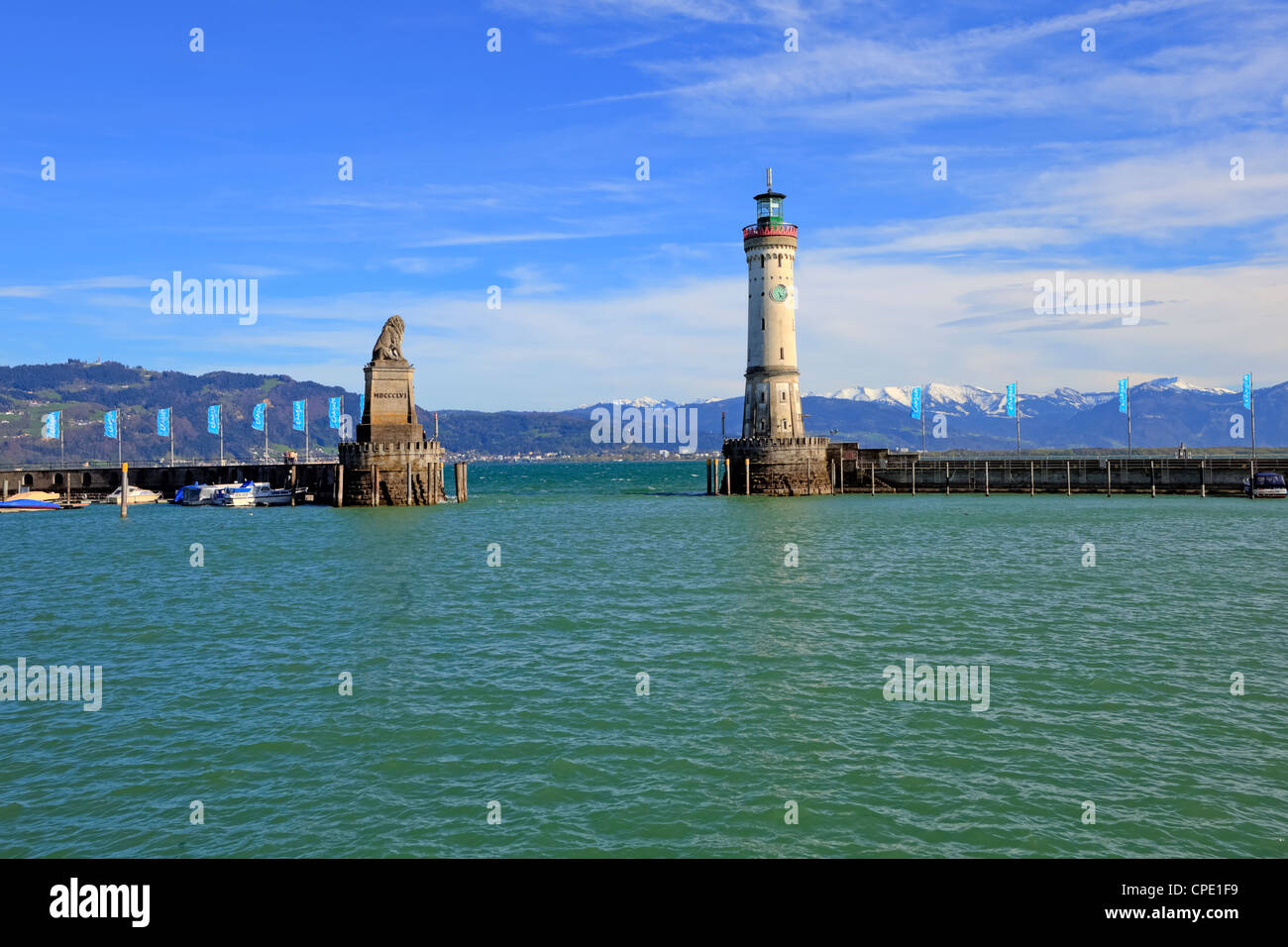 Lindau, port, Bavarian lion, lighthouse, Bavaria, Germany Stock Photo