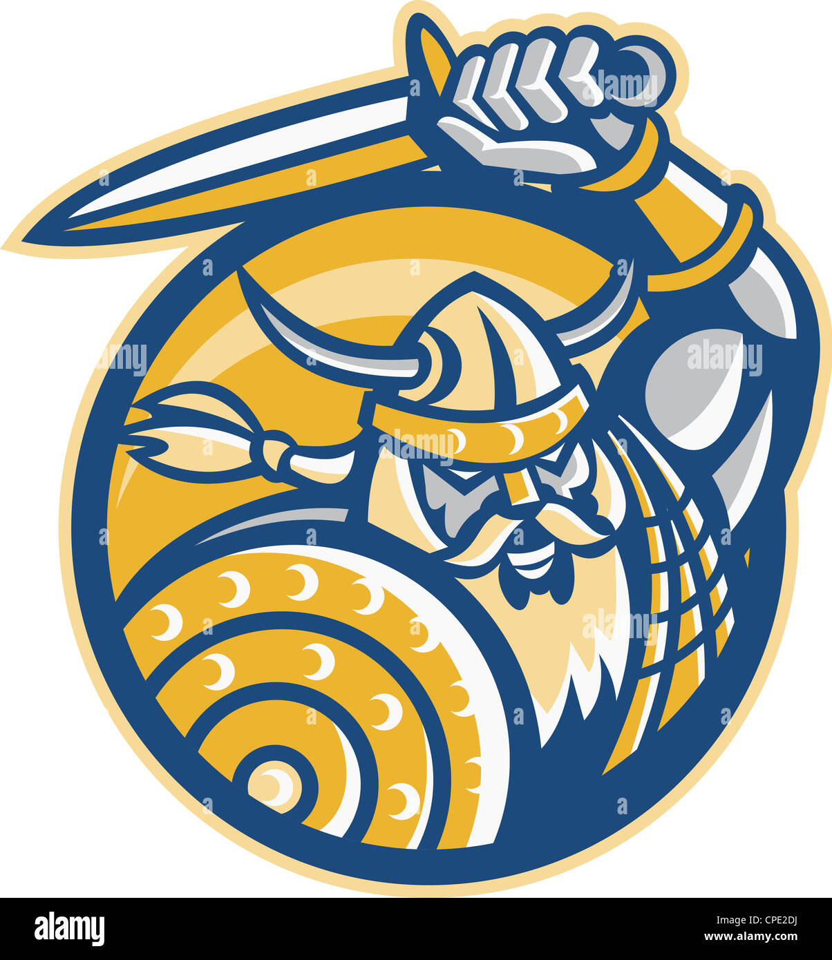 Illustration of a Viking Norse Norseman warrior with sword and shield set inside circle done in