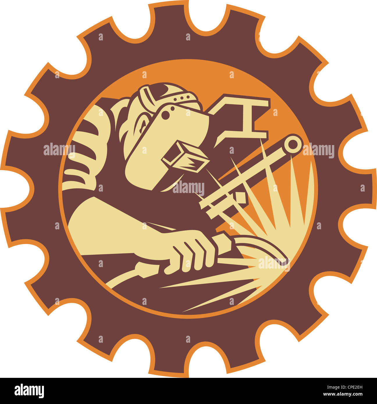 Illustration of a welder fabricator worker welding torch with i-beam pipe and bar set inside gear done in retro style. Stock Photo