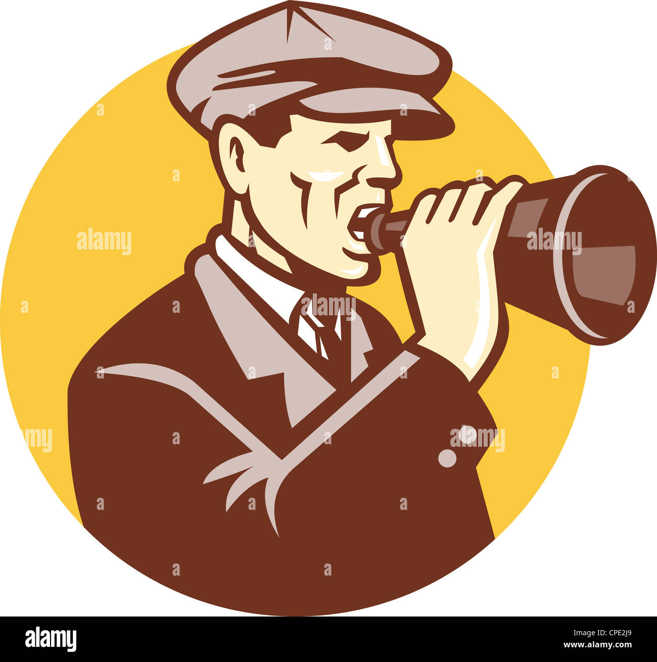 Illustration of a gentleman man shouting using vintage bullhorn done in retro woodcut style. Stock Photo