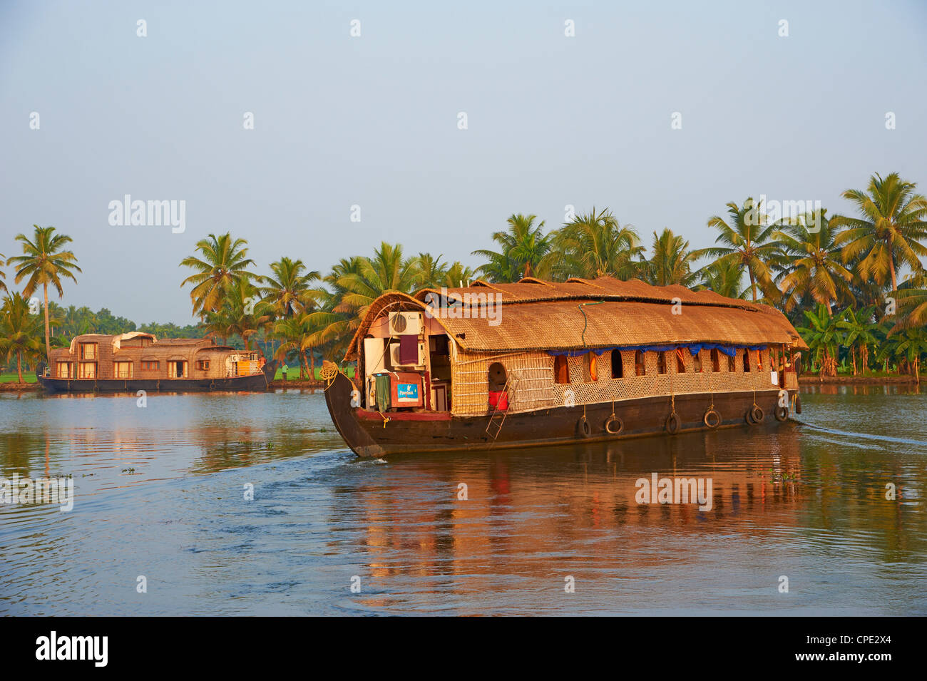 Houseboat for tourists on the backwaters, Allepey, Kerala, India, Asia Stock Photo