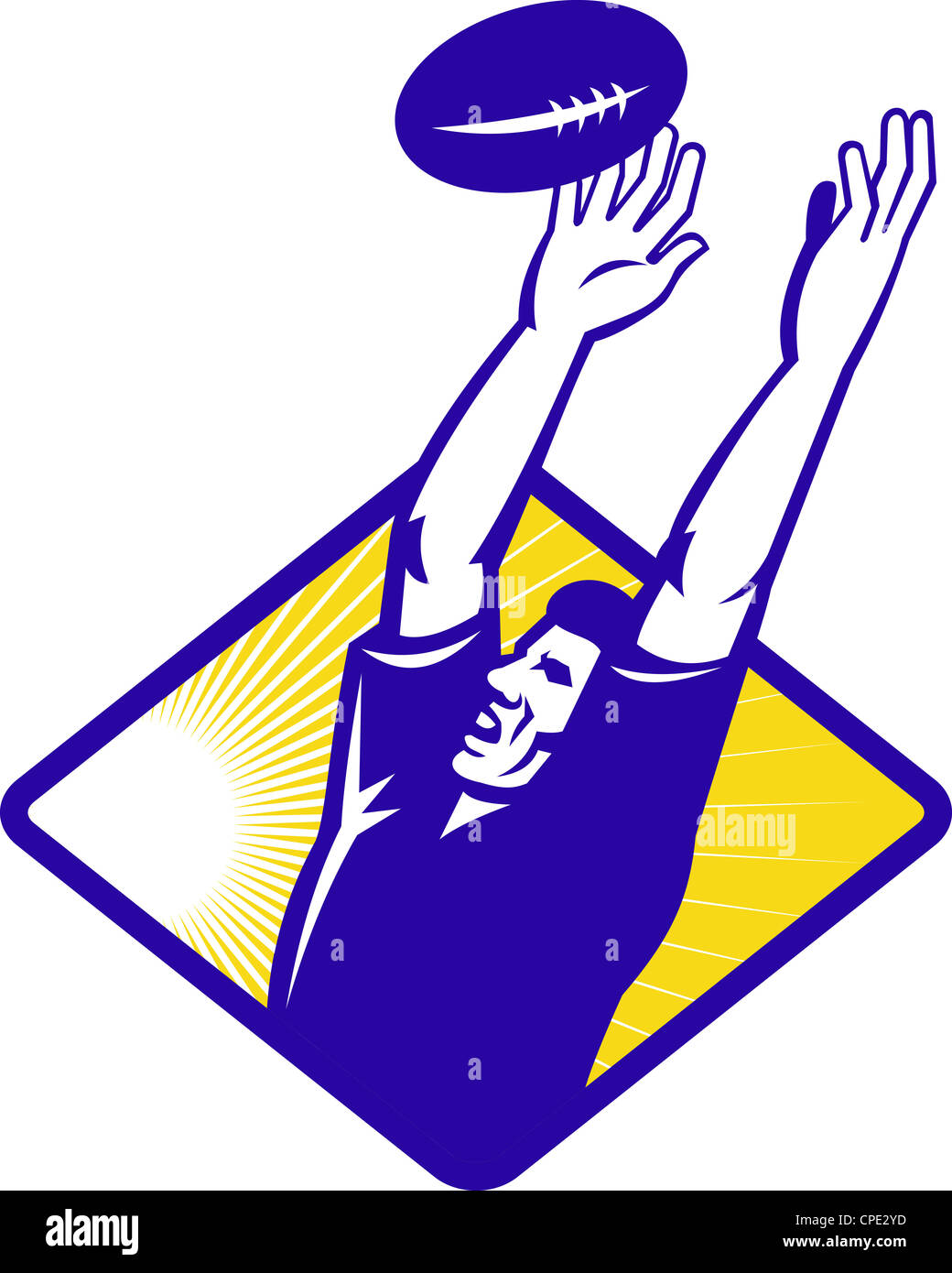 Illustration of a rugby player catching a line-out ball done in retro style set inside diamond. Stock Photo