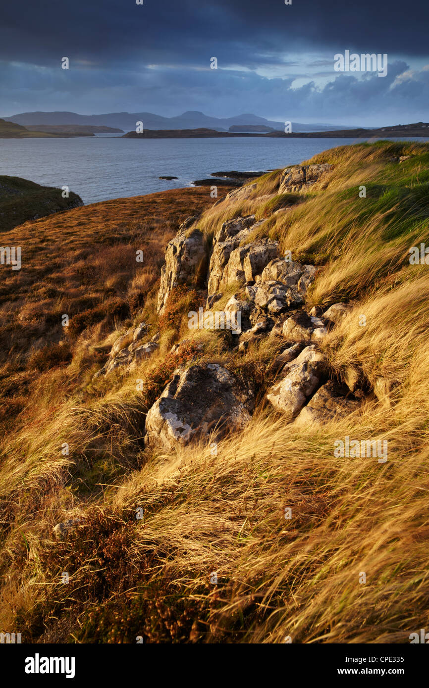 The view across Loch Bracadale and towards MacLeods Tables from Ardtreck point, Isle of Skye, Inner Hebrides, Scotland, UK Stock Photo
