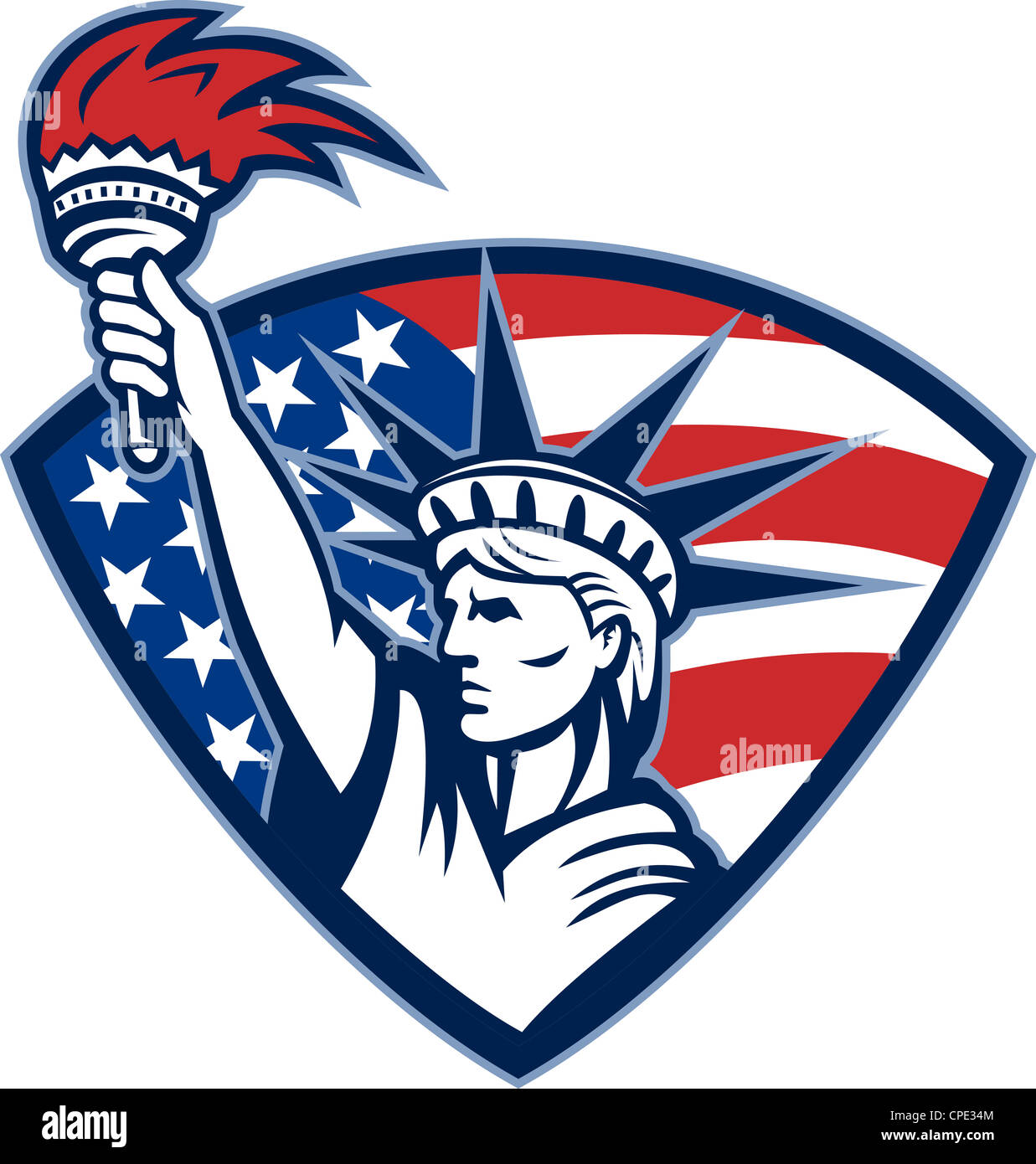 Illustration of the statue of liberty holding flaming torch set inside shield with American stars and stripes flag. Stock Photo