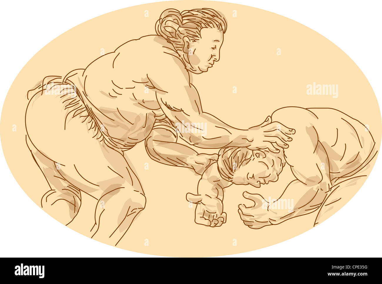Hand drawn and sketched illustration of two sumo wrestlers wrestling viewed from the side set inside ellipse. Stock Photo