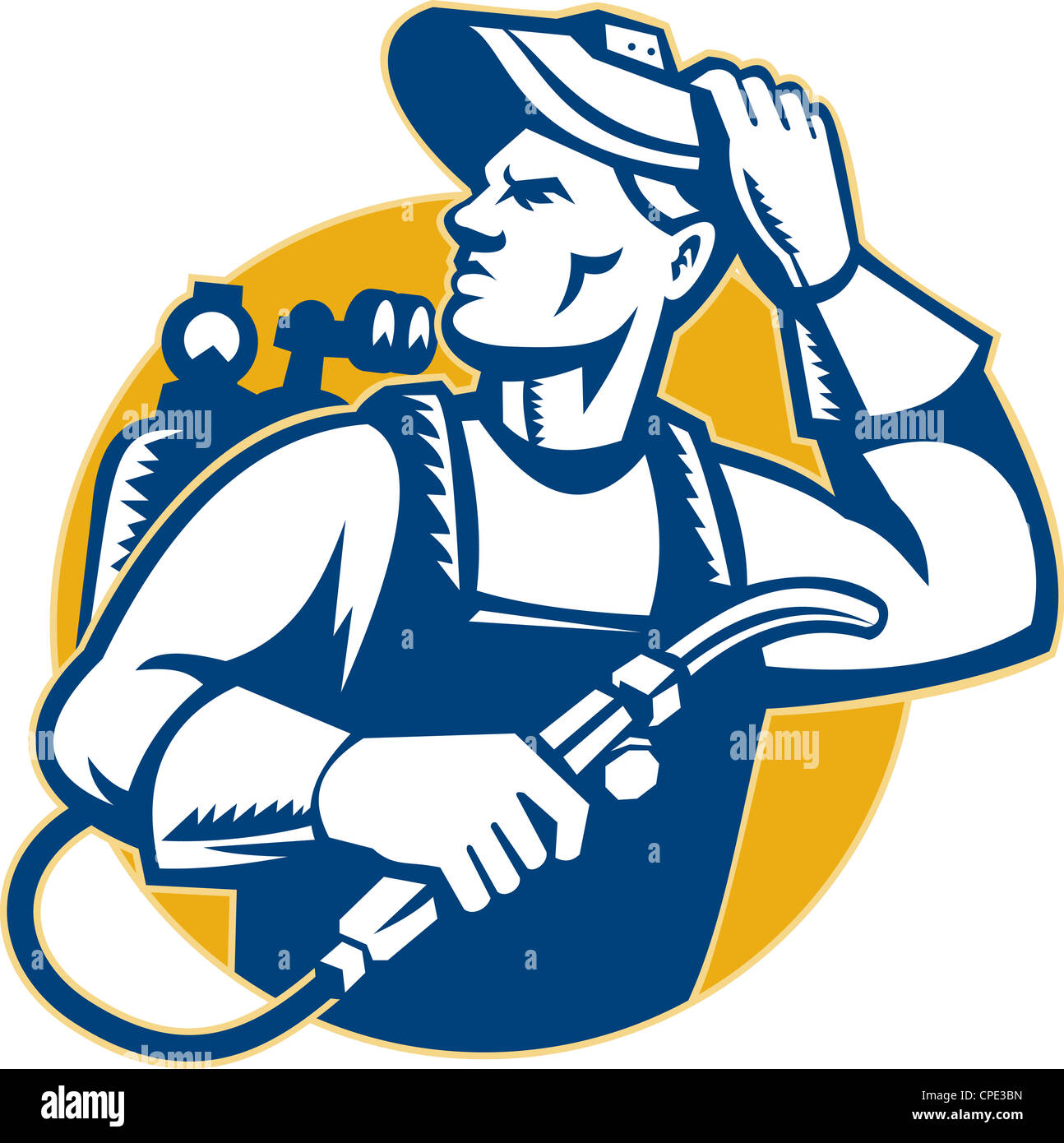 Illustration of a welder fabricator holding welding equipment looking to side with cylinders in background set inside circle done in retro woodcut style. Stock Photo