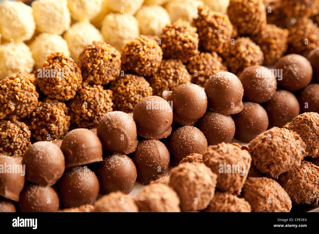 Rows of chocolates in a French cafe, France, Europe Stock Photo