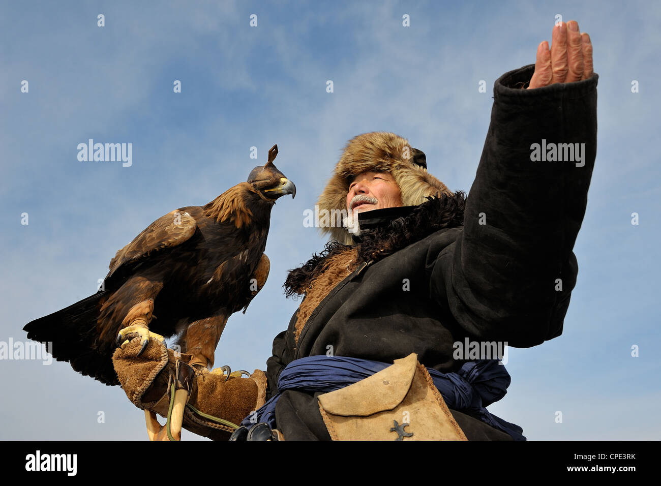 Oldest Kazakh hunter Abylkhak with a golden eagle. Making blessing follow Muslim tradition, before hunting start. Stock Photo