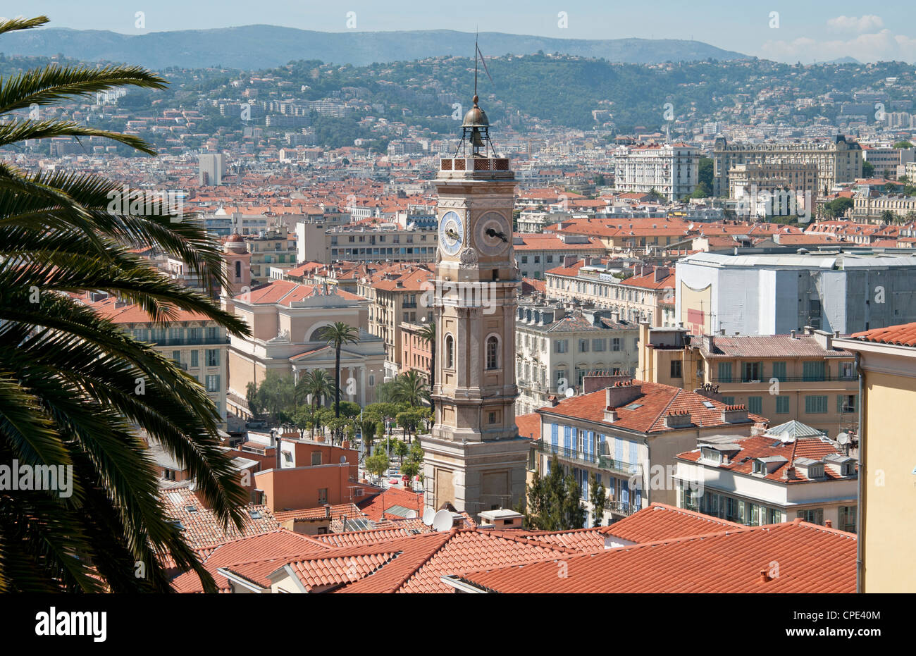 Clock tower and red roof tiles oft he old town of Nice Provence South of France Stock Photo