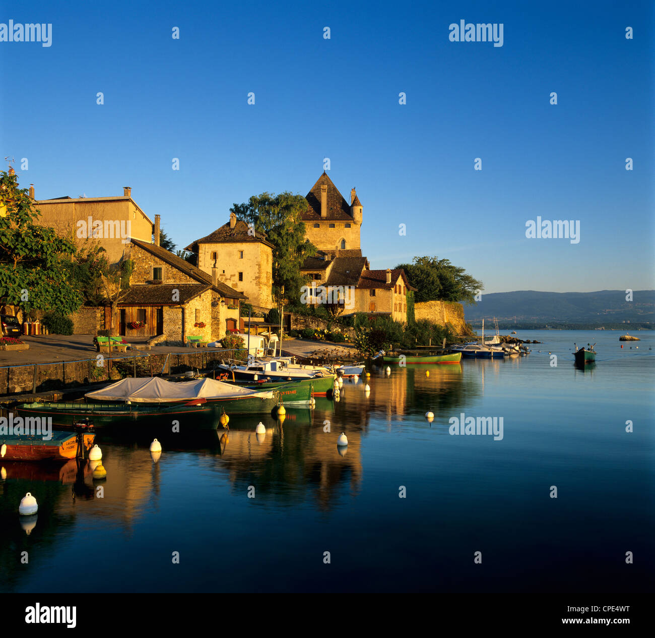 View of harbour at sunrise, Yvoire, Lake Geneva (Lac Leman), Rhone