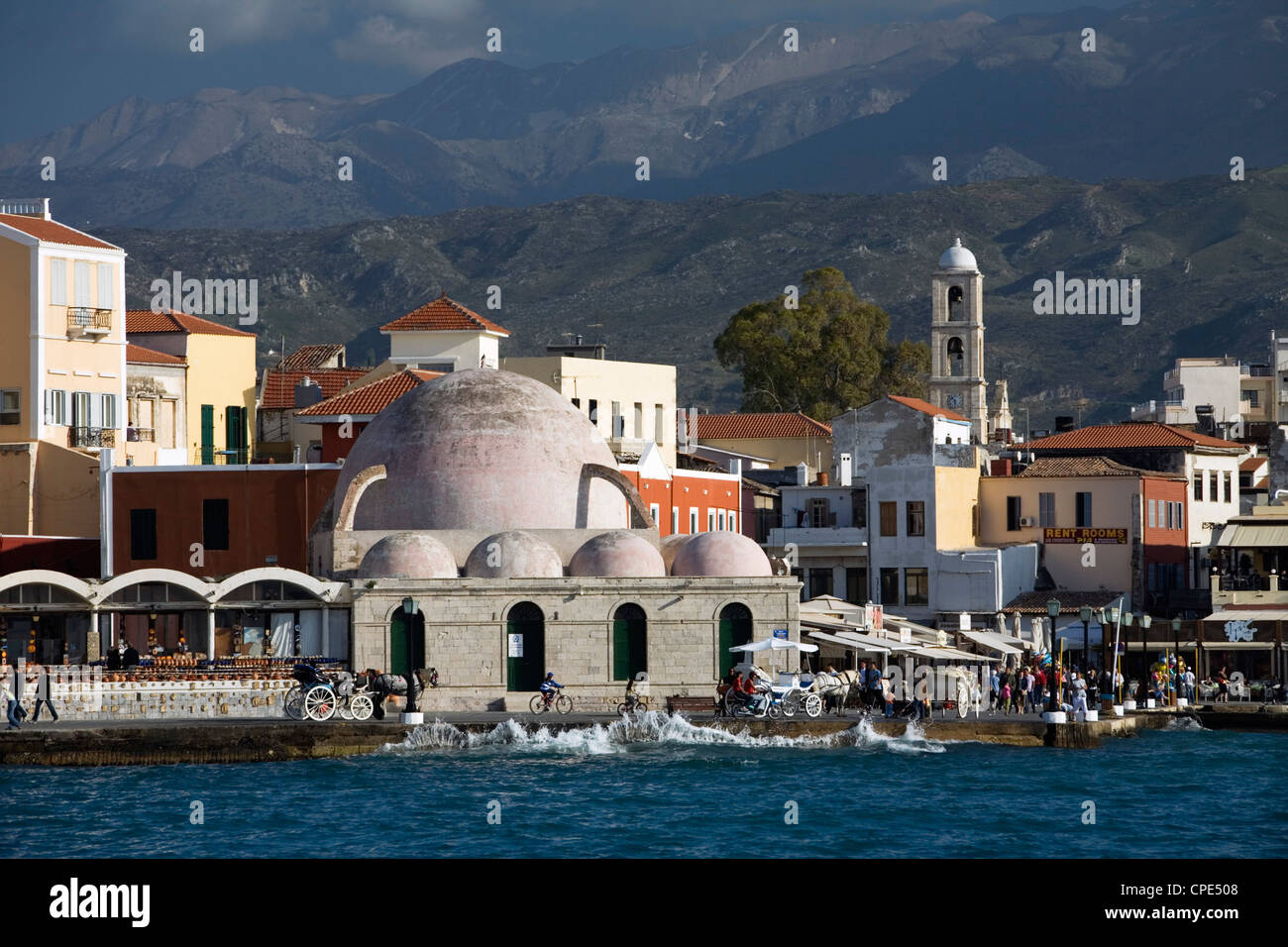 View over Venetian Harbour to Mosque of the Janissaries, Chania (Hania), Chania region, Crete, Greek Islands, Greece, Europe Stock Photo