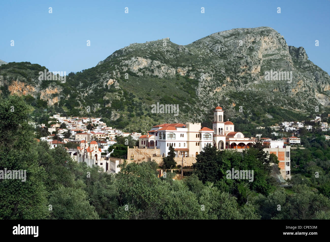 View over mountain village, Spili, Rethimnon (Rethymno) region, Crete, Greek Islands, Greece, Europe Stock Photo