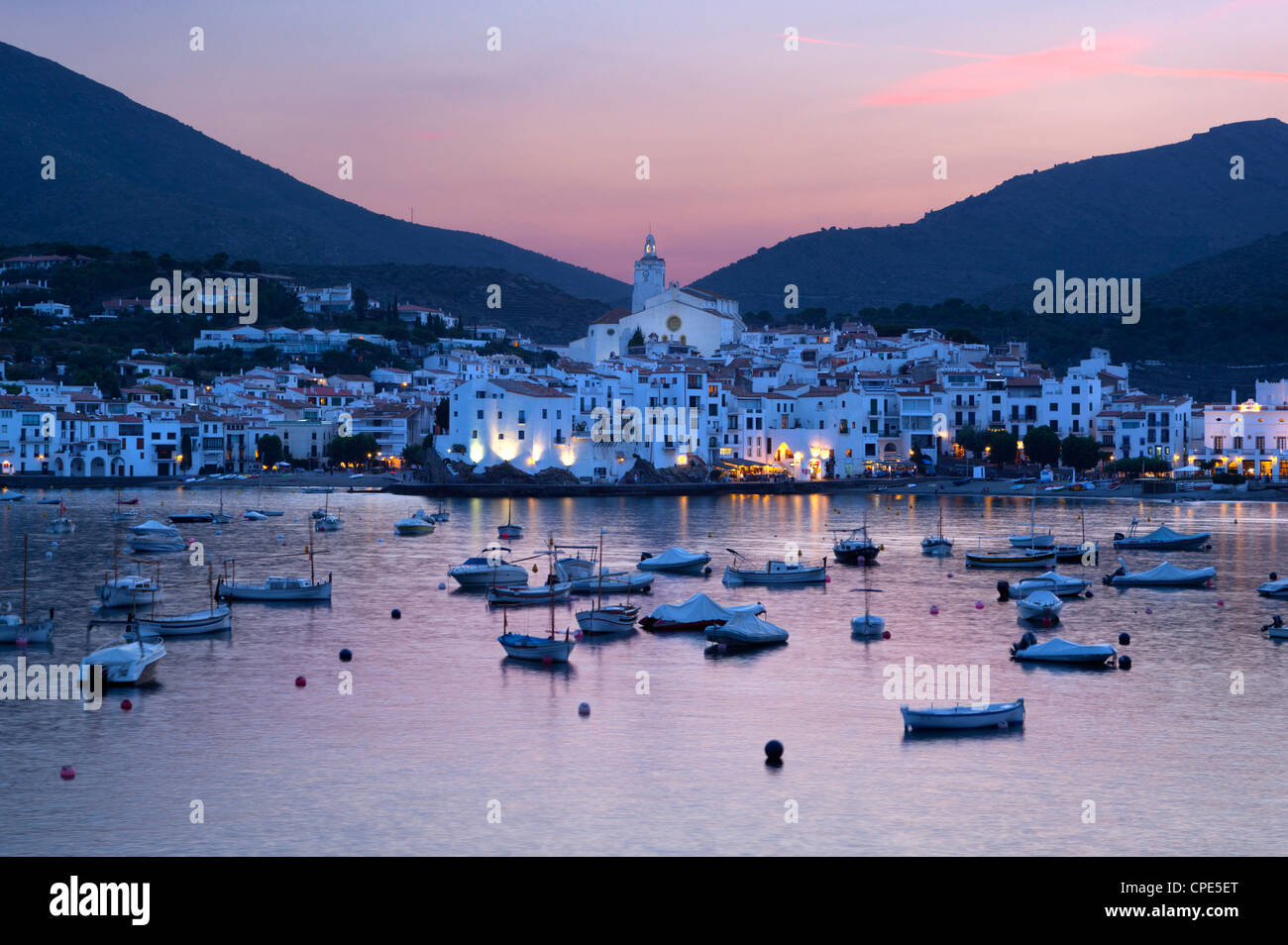 Harbour at dusk, Cadaques, Costa Brava, Catalonia, Spain, Mediterranean, Europe Stock Photo
