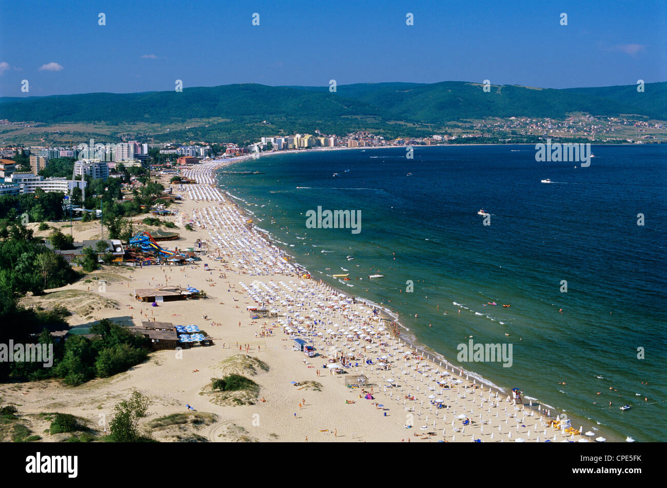 Aerial view over beach, Sunny Beach, Black Sea coast, Bulgaria, Europe Stock Photo