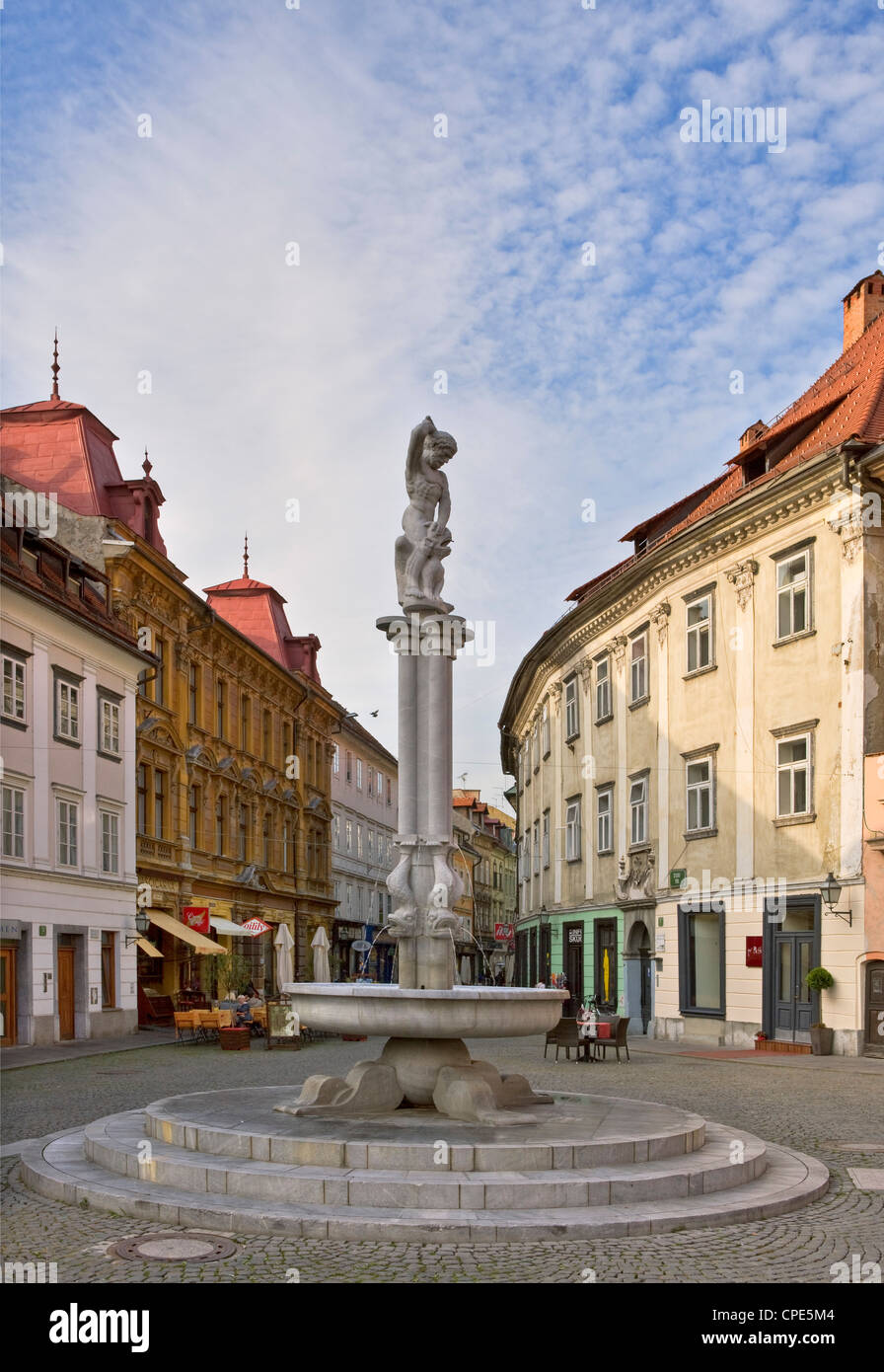 Hercules Fountain at Stari trg square in medieval Ljulbjana, Slovenia, Europe Stock Photo