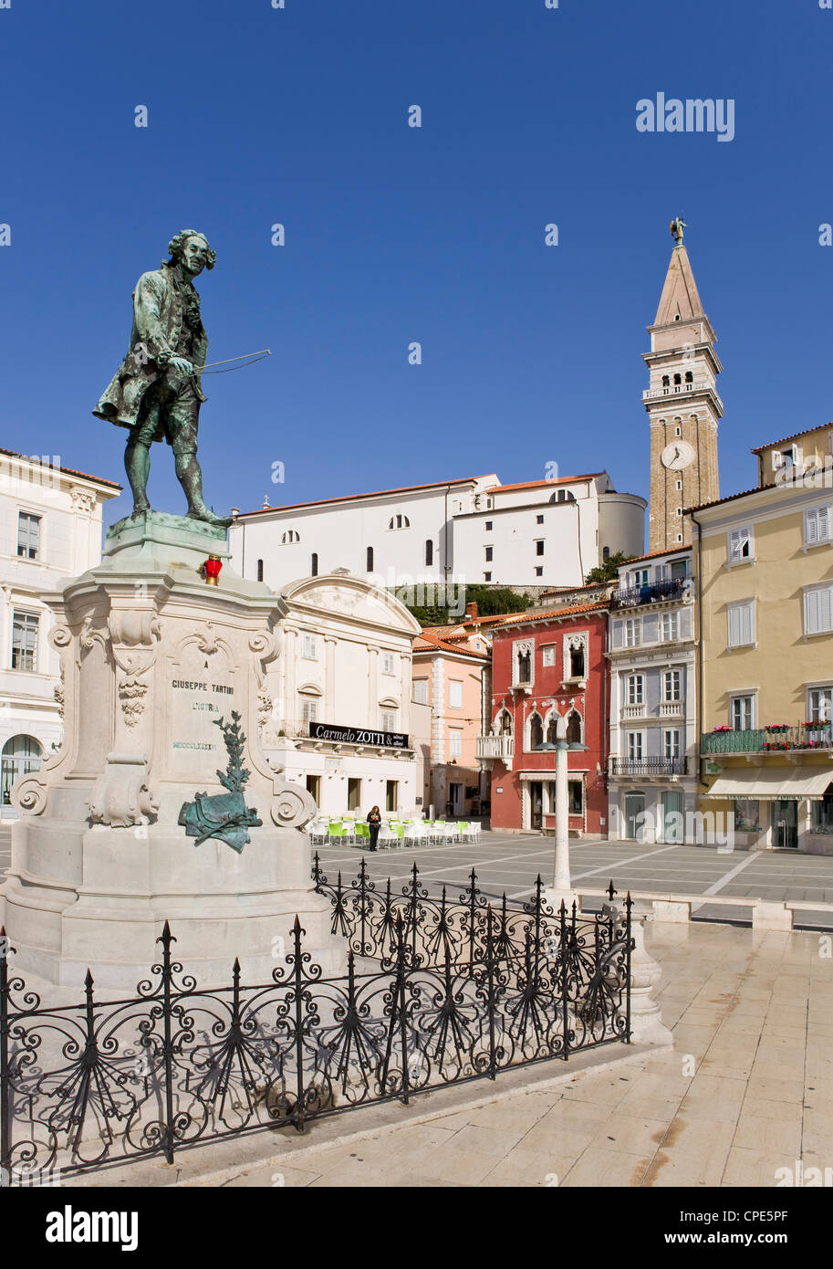 Bronze statue of the violinist and composer Tartini in Piran, Slovenia, Europe Stock Photo