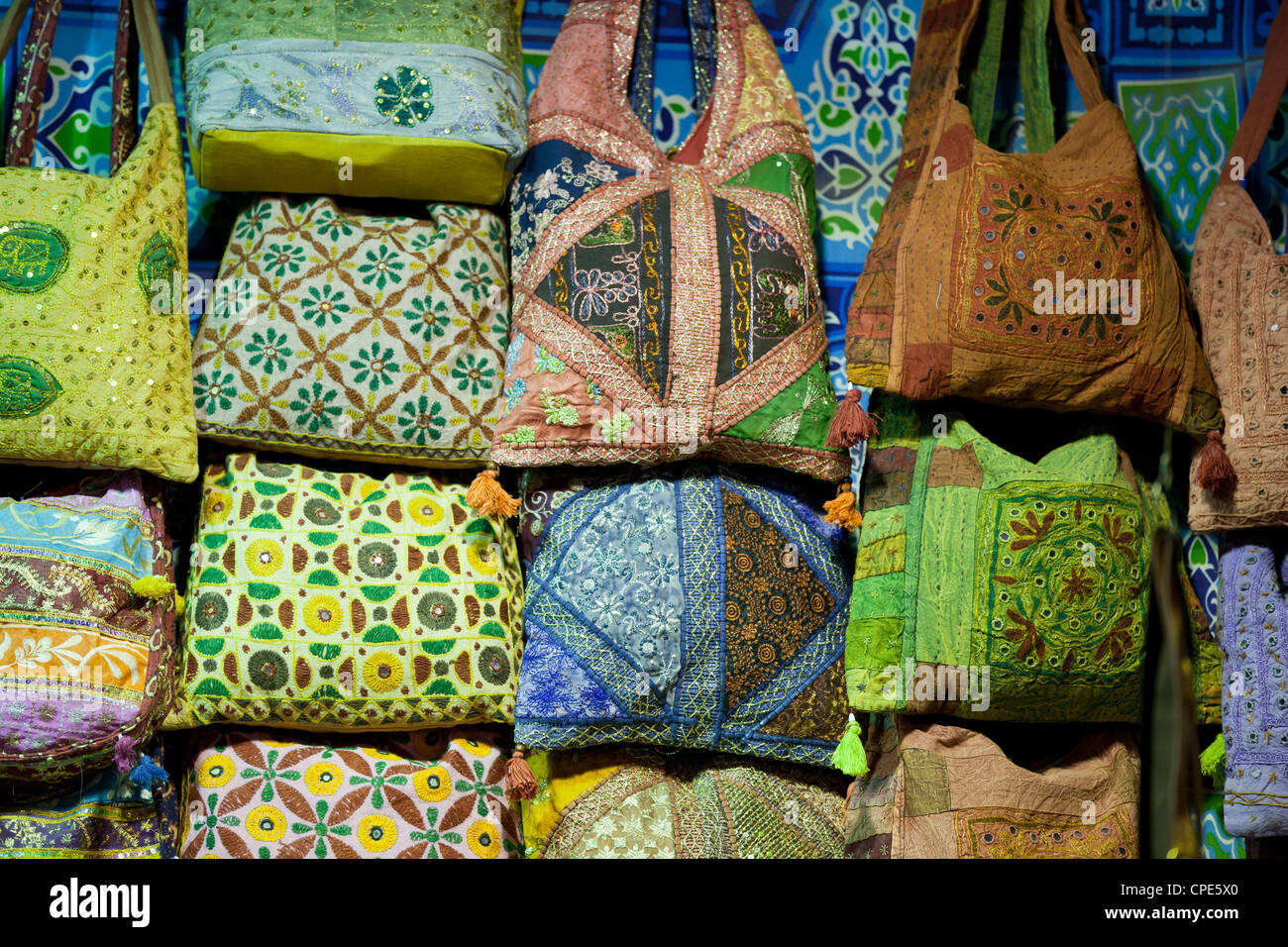 Embroidered bags for sale at the Sharia el Souk market in Aswan, Egypt, North Africa, Africa Stock Photo