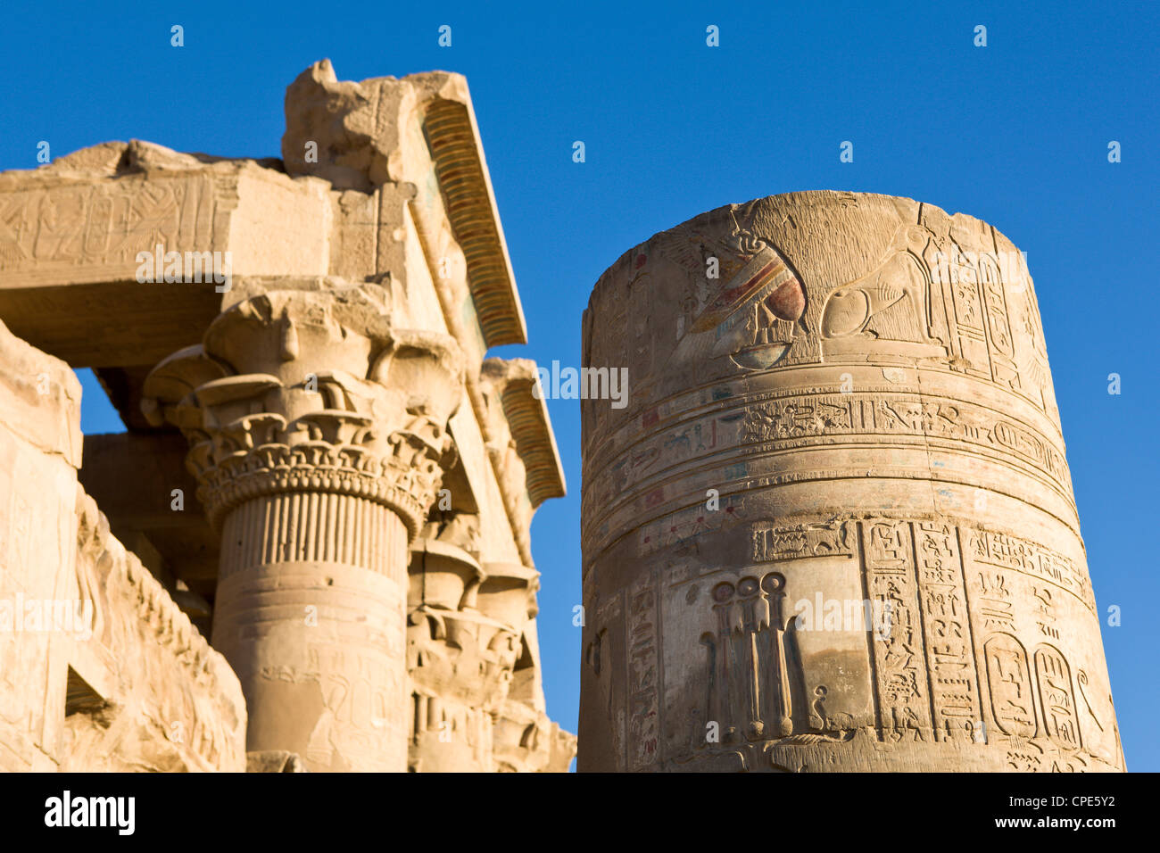 Painted pillar and Pronaos at the Temple of Sobek and Haroeris, Kom Ombo, Egypt, North Africa, Africa Stock Photo