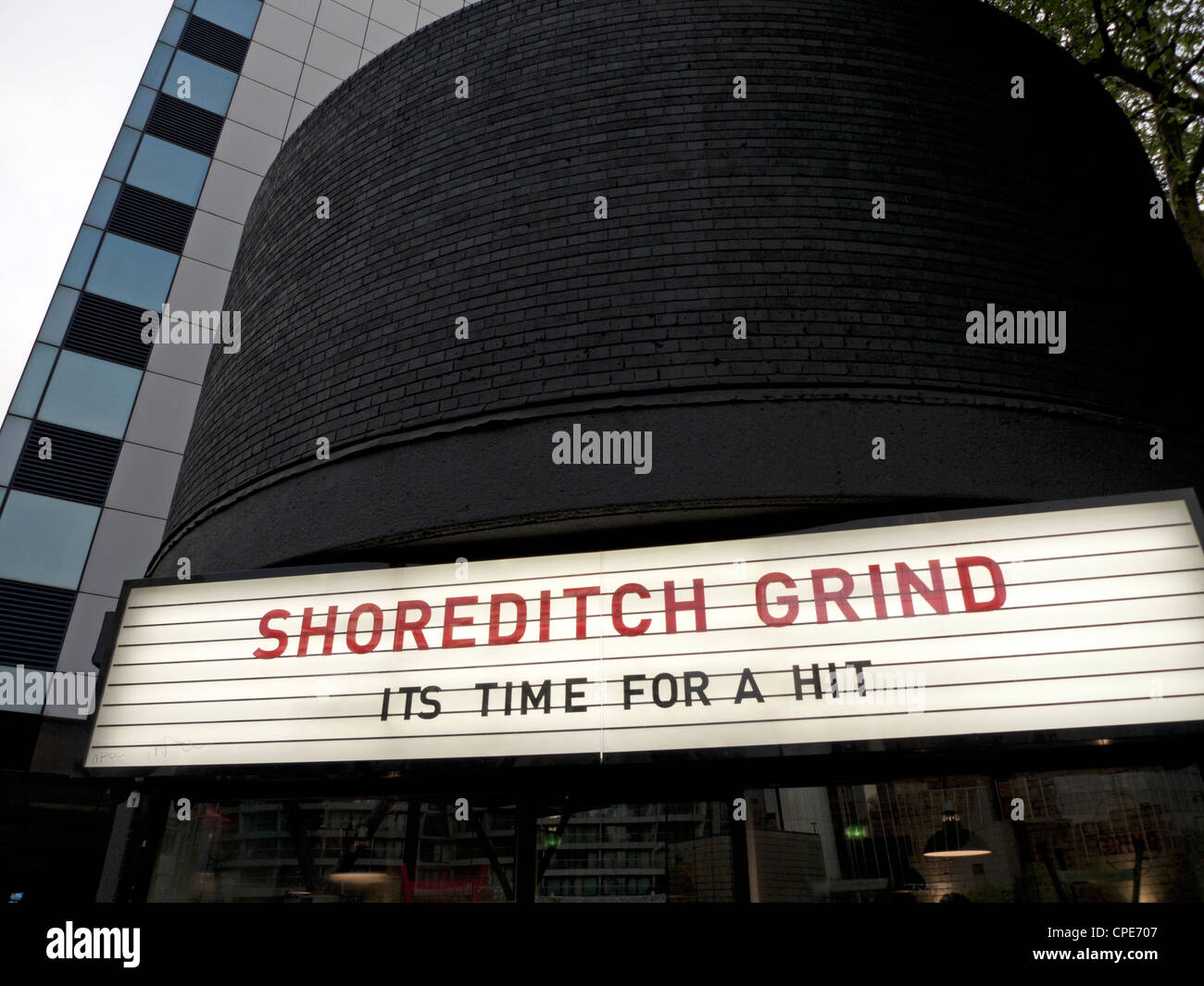 Independent Espresso coffee bar shop Shoreditch Grind sign at Old