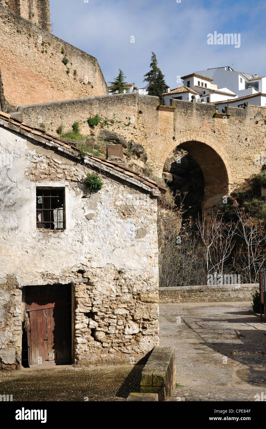 Old House in front of Puente Viejo, Ronda, Malaga Province, Andalusia, Spain Stock Photo
