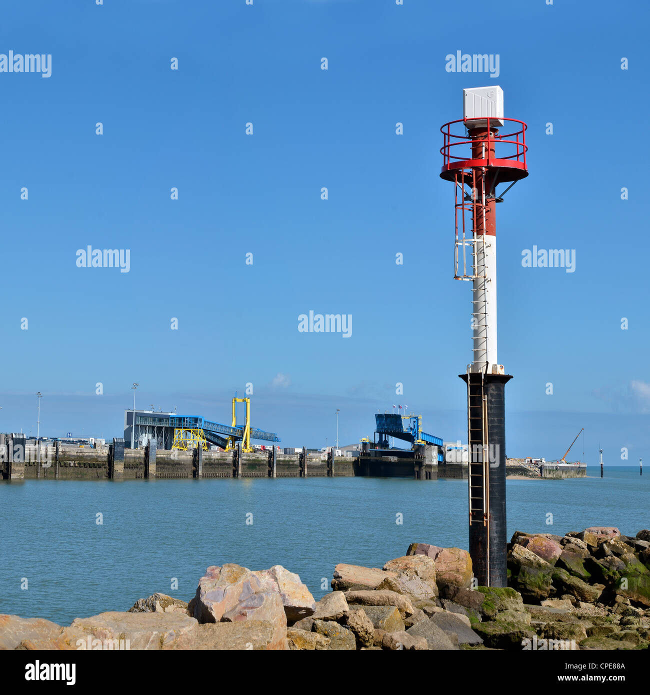 Sea mark in the entrance of port of Ouistreham, commune in the Calvados department in the Basse-Normandie region in France Stock Photo