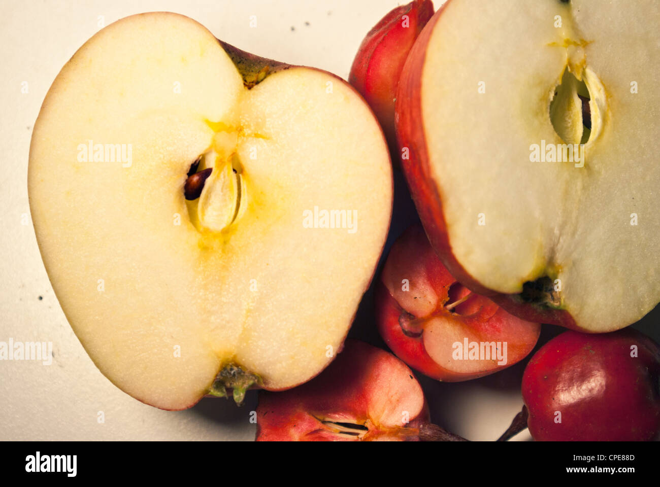 Eating apple and crab apples cut open showing colour of flesh Stock