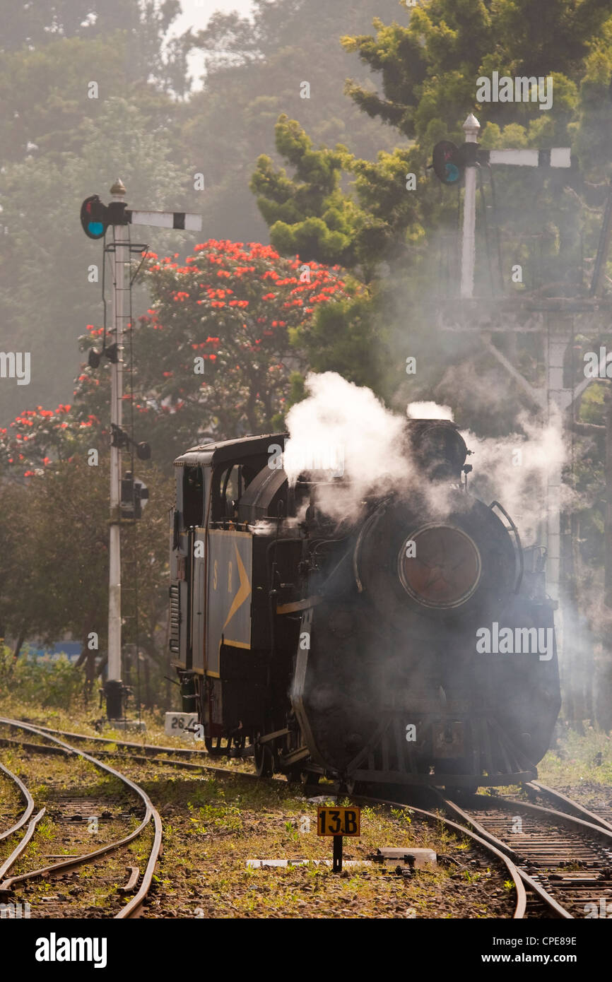 Steam engine and signals at Coonoor, Nilgiri Mountain Railway Stock Photo