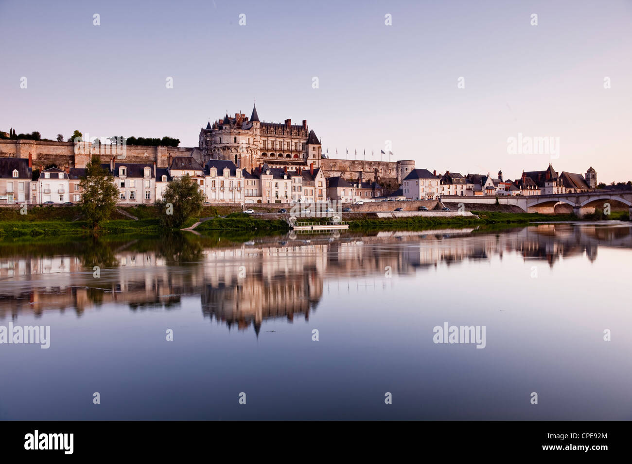 Looking down the River Loire towards the town and chateau of Amboise, Amboise, Indre-et-Loire, Loire Valley, Centre, France Stock Photo