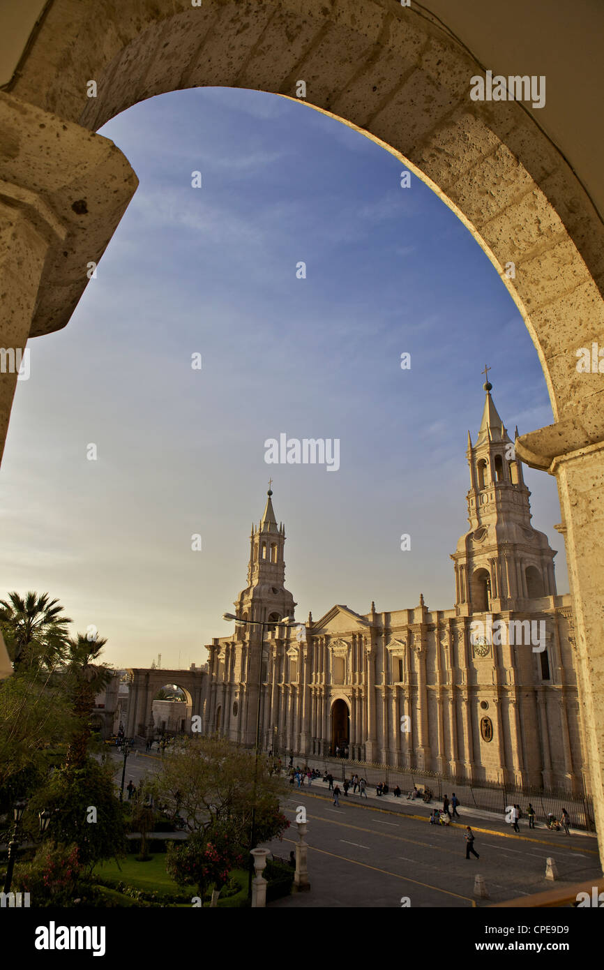 Arequipa Cathedral at sunset on Plaza de Armas, Arequipa, UNESCO World Heritage Site, Peru, South America Stock Photo