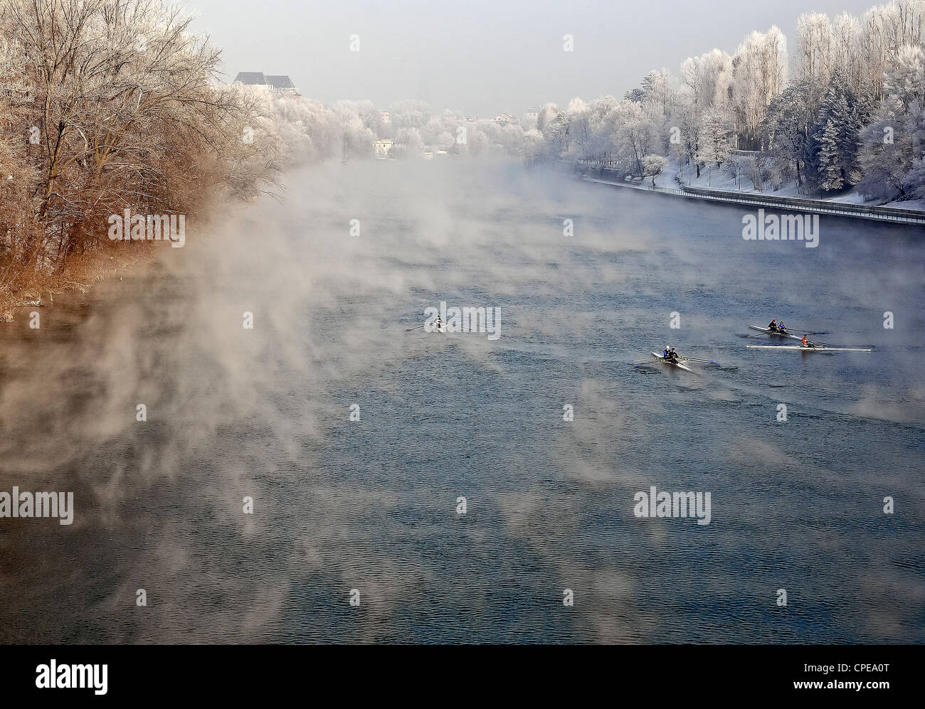 Europe Italy, Piedmont Turin , a stretch of the Po at Valentino Park into a winter morning Stock Photo