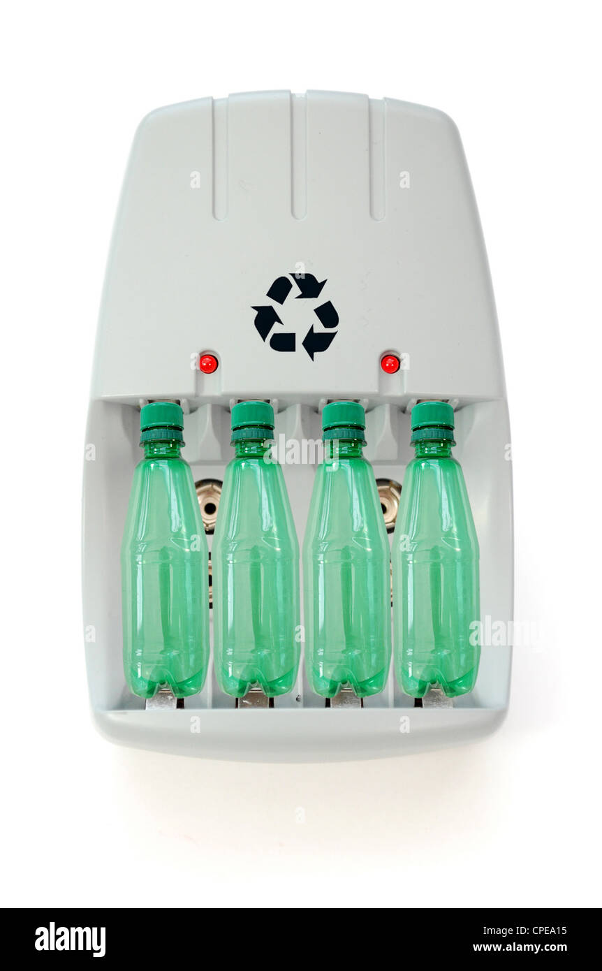 Recycling concept bottles of water inside a battery charger Stock