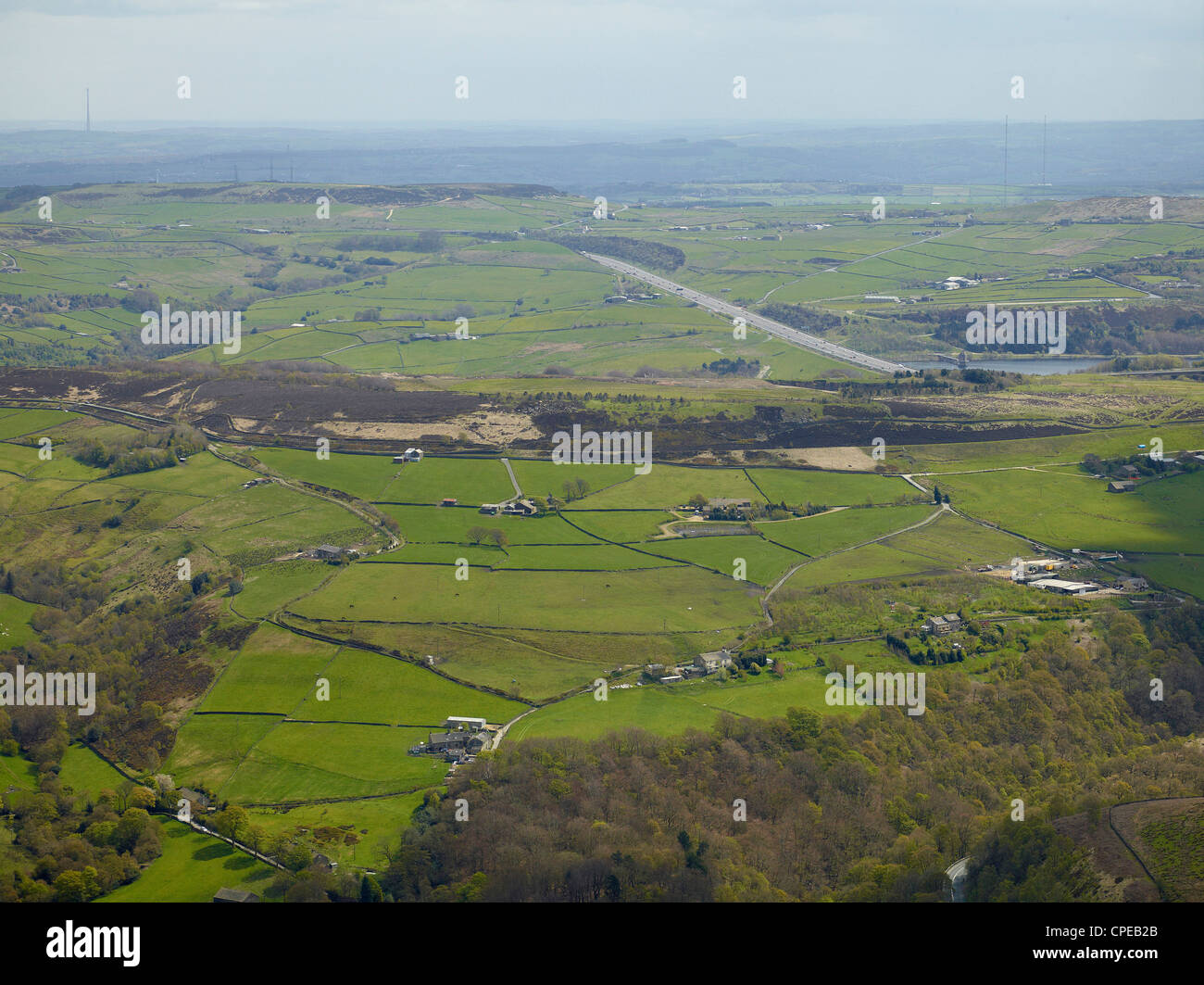 Field patterns, of the Yorkshire Pennines from the air, with the M62 visible, West of Huddersfield, Northern England Stock Photo