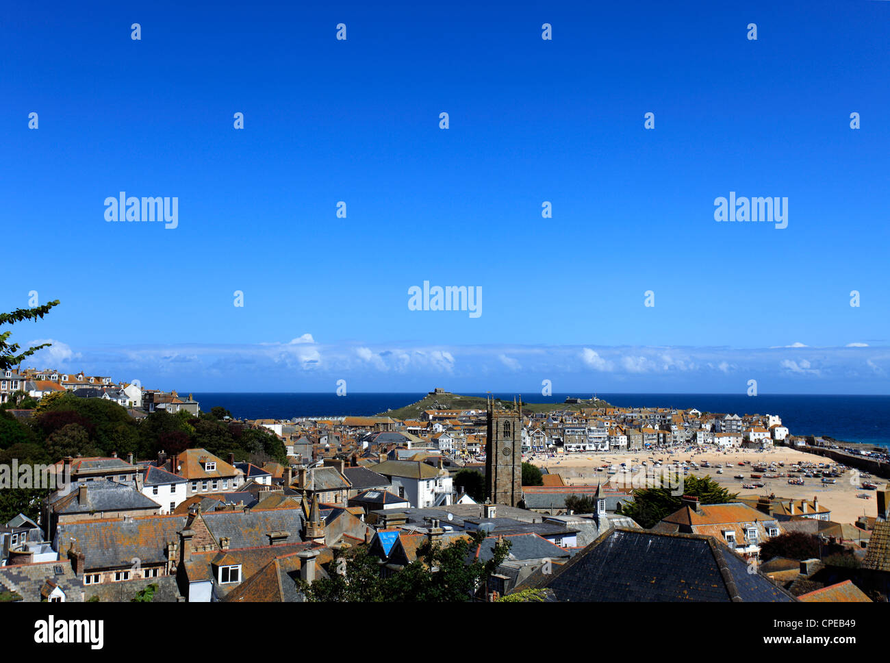 Summer Seafront, harbour and beach view, St Ives town, St Ives Bay, Cornwall County; England; UK Stock Photo