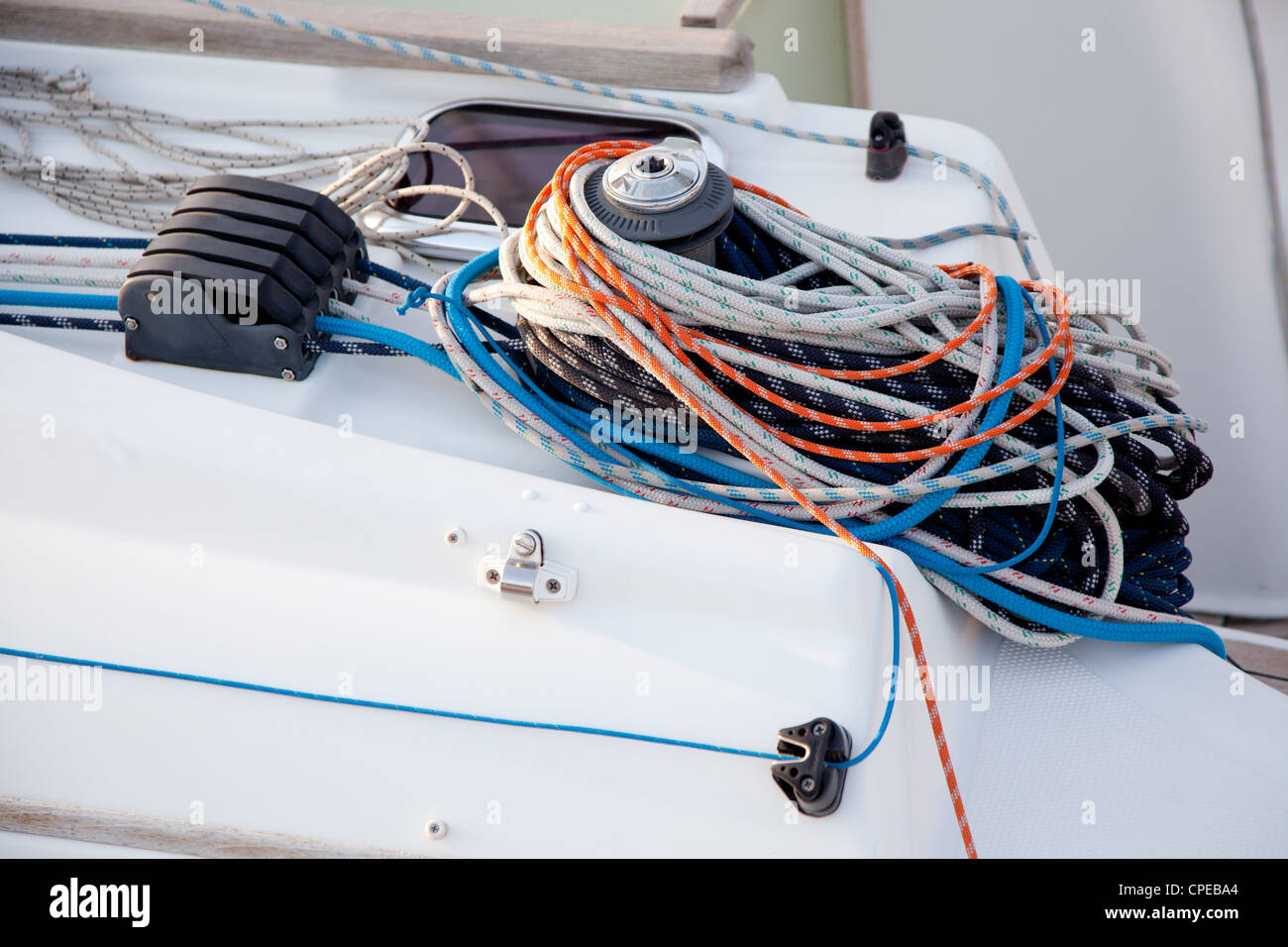 boat winches and sailboat navigation ropes detail Stock Photo - Alamy